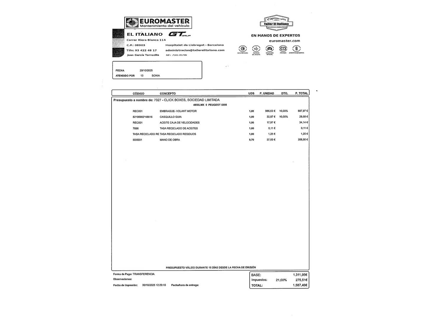 Foto del mantenimiento del Peugeot 5008 Peugeot 5008 BlueHDI 130 S&S GT (130 CV) 7 Plazas