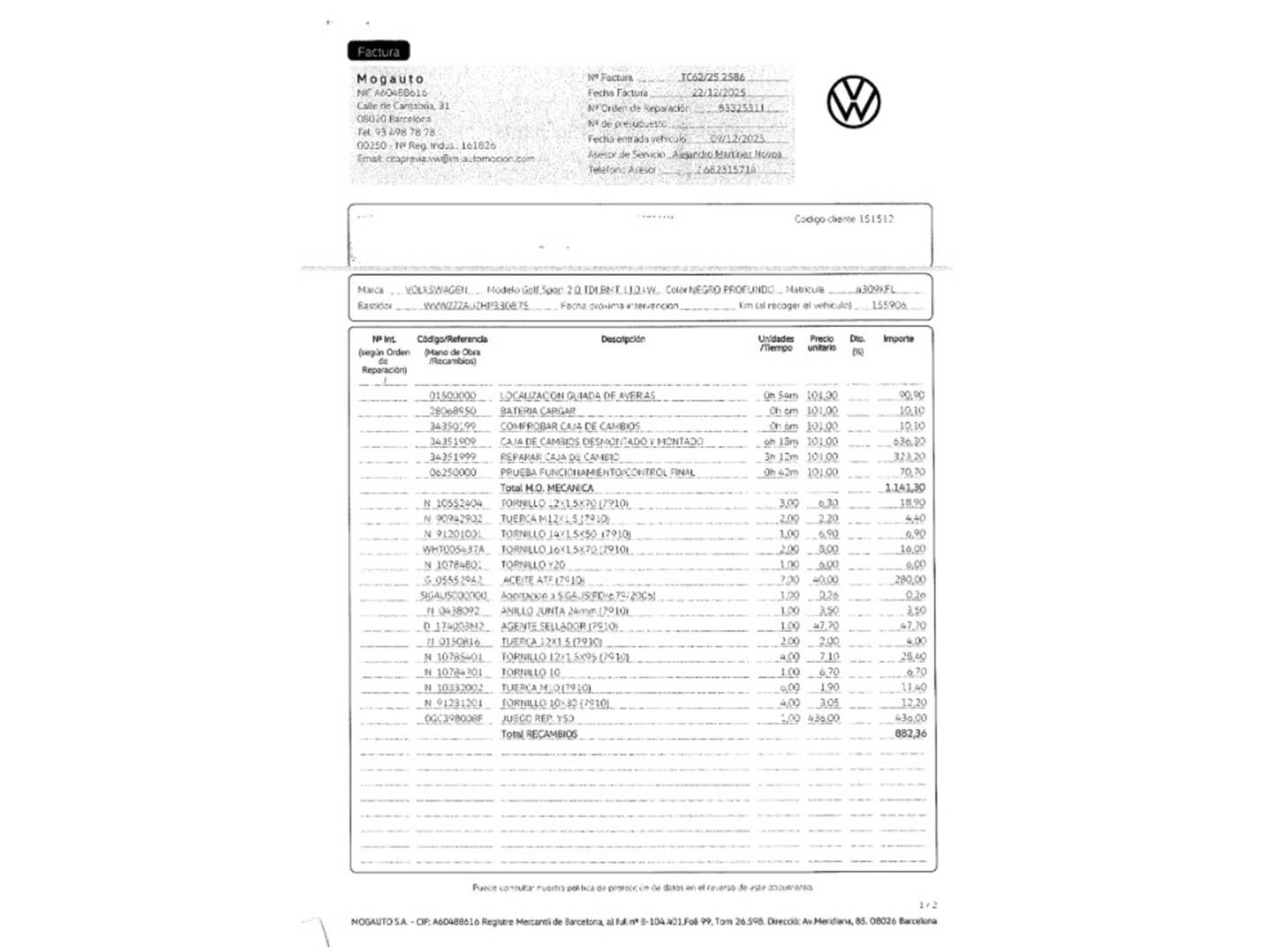 Foto del mantenimiento del Volkswagen Golf Volkswagen Golf Sport 2.0 TDI (150 CV) DSG
