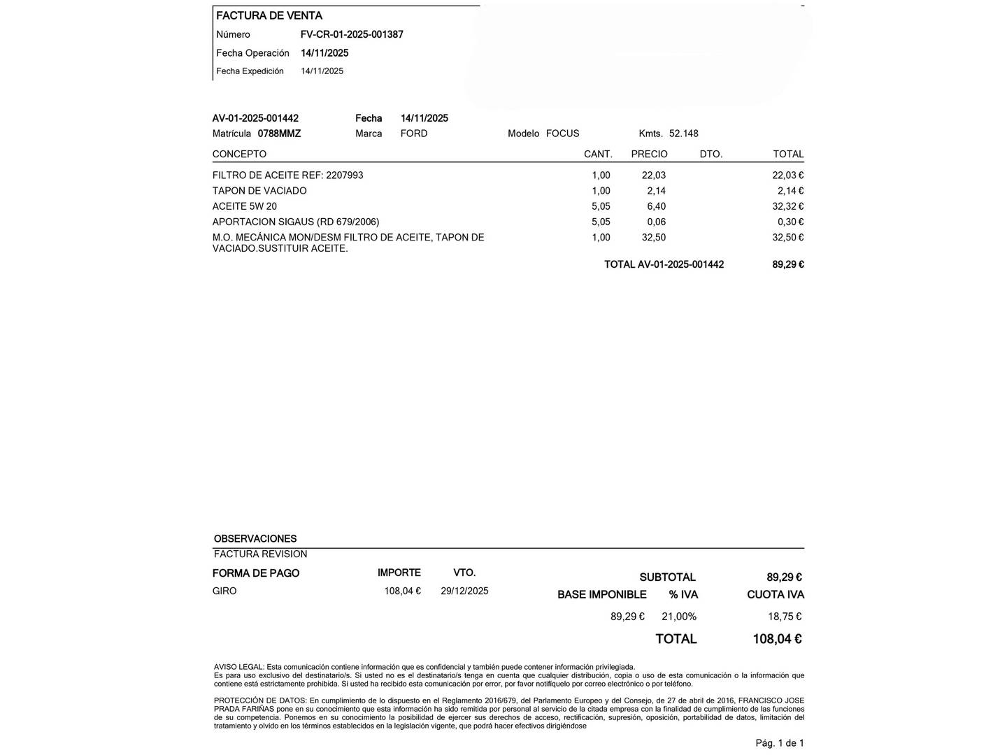 Foto del mantenimiento del Ford Focus Ford Focus 1.0 Ecoboost MHEV Active Auto (155 CV)