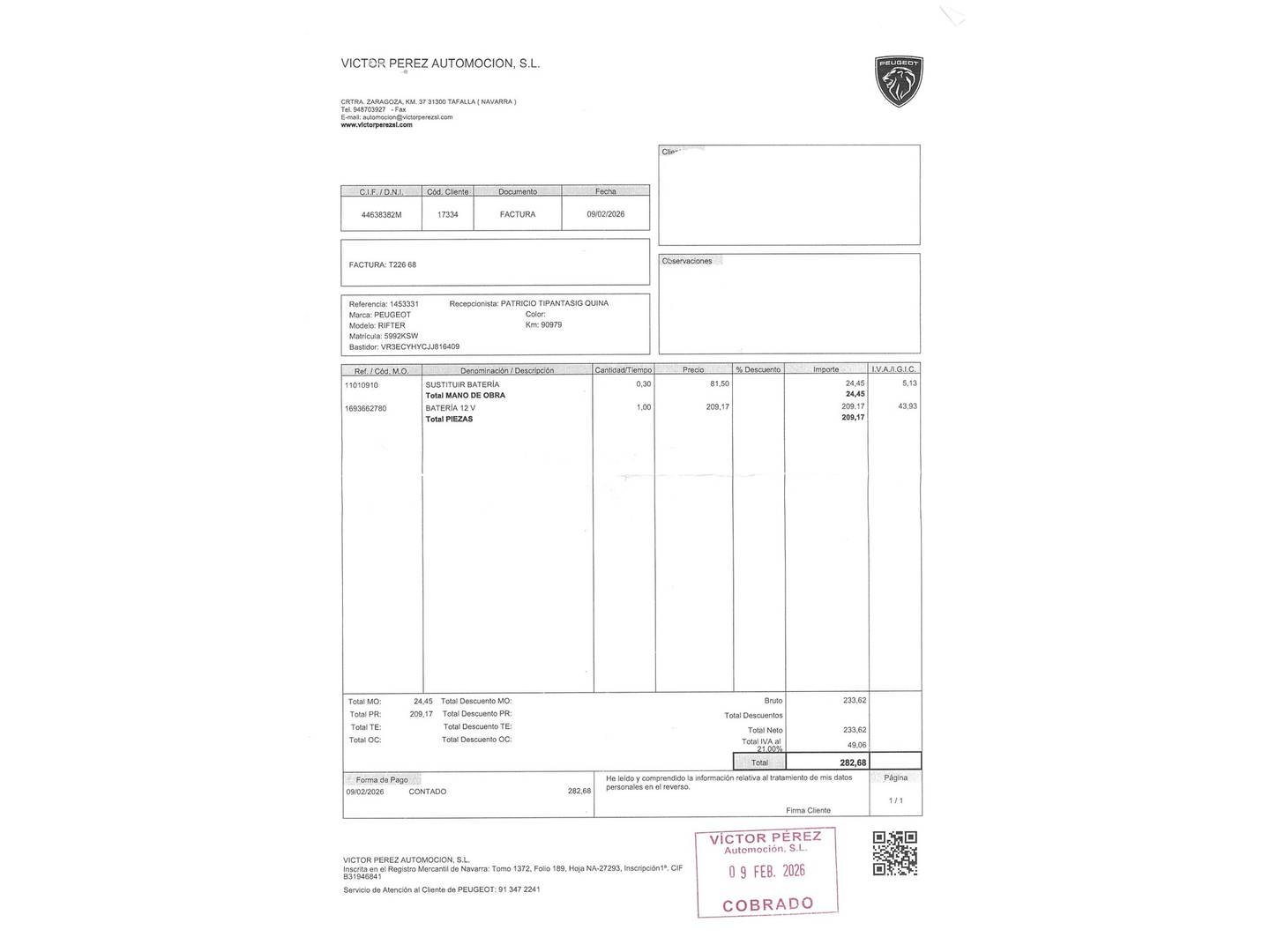 Foto del mantenimiento del Peugeot Rifter Peugeot Rifter BlueHDi 100 GT Line Standard (100 CV)