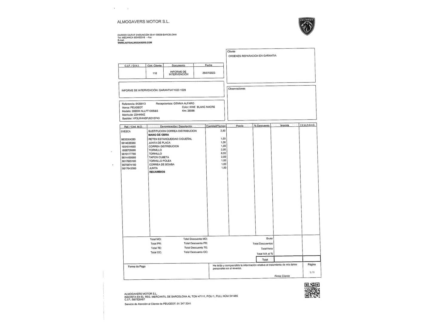 Foto del mantenimiento del Peugeot 308 Peugeot 308 SW 1.2 PureTech S&S Allure (130 CV)