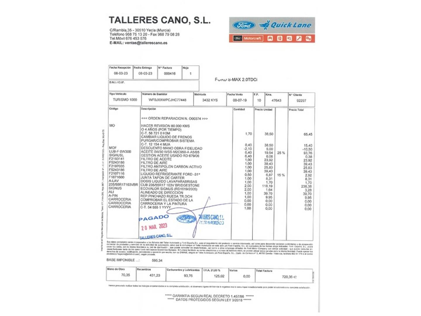 Foto del mantenimiento del Ford S-MAX Ford S-Max 2.0 TDCI Titanium (150 CV) 7 Plazas