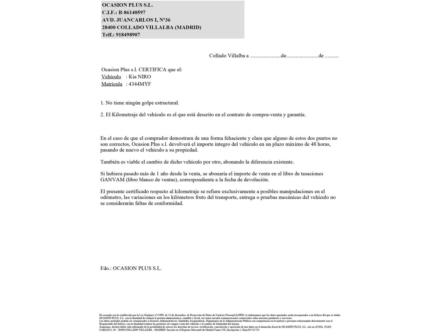 Foto del certificado del KIA Niro KIA Niro 1.6 GDi HEV Drive (129 CV)