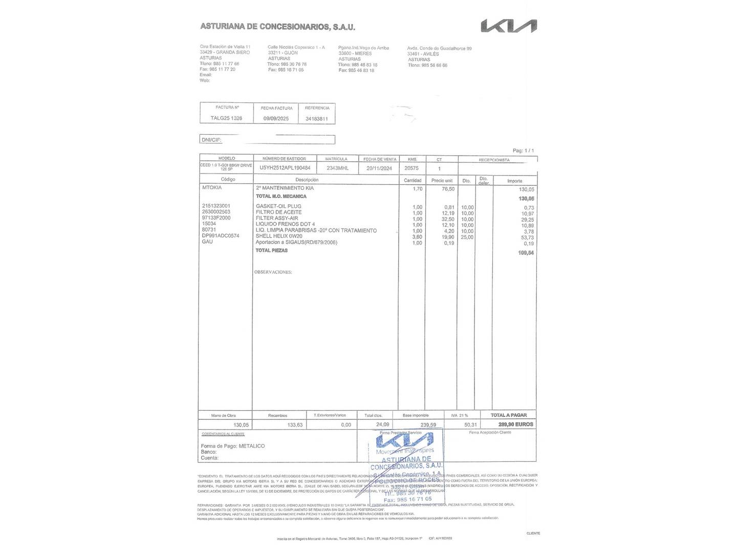 Foto del mantenimiento del KIA Ceed KIA Ceed 1.0 T-GDi Drive (120 CV)
