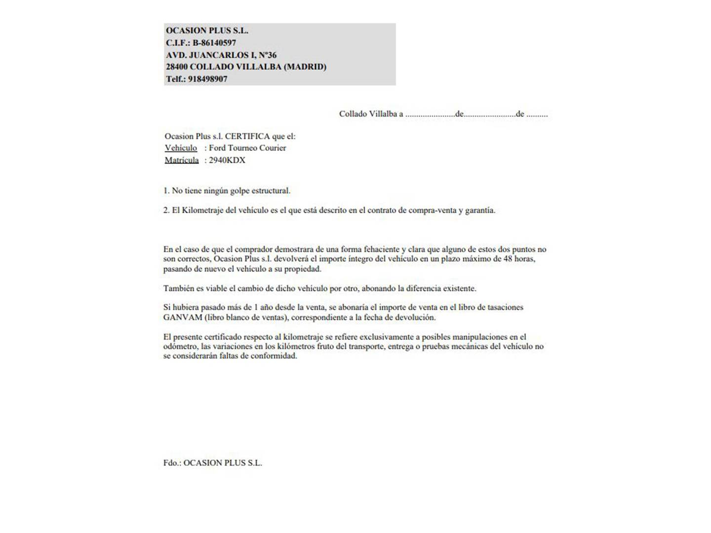 Foto del certificado del Ford Tourneo Courier Ford Tourneo Courier 1.0 EcoBoost Ambiente (100 CV)