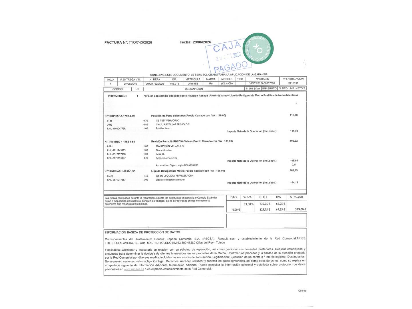Foto del mantenimiento del Renault Clio Renault Clio Sport Tourer Zen Energy TCe (90 CV)