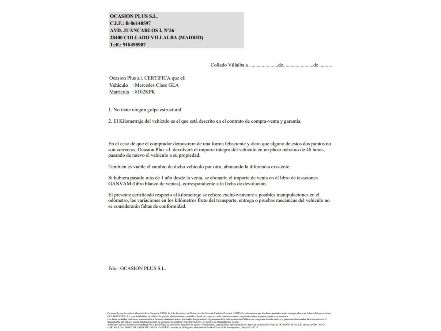 Foto del certificado del Mercedes GLA Mercedes GLA 180 (122 CV) Pack AMG