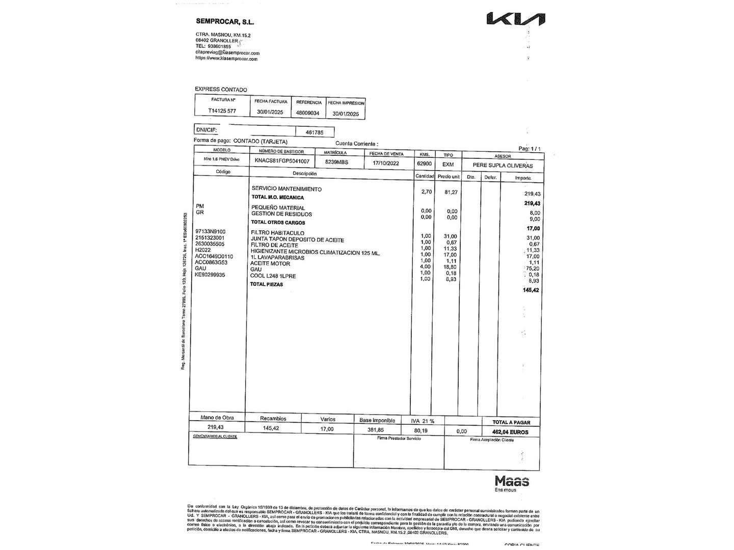 Foto del mantenimiento del KIA Niro KIA Niro 1.6 GDi PHEV Drive (183 CV)