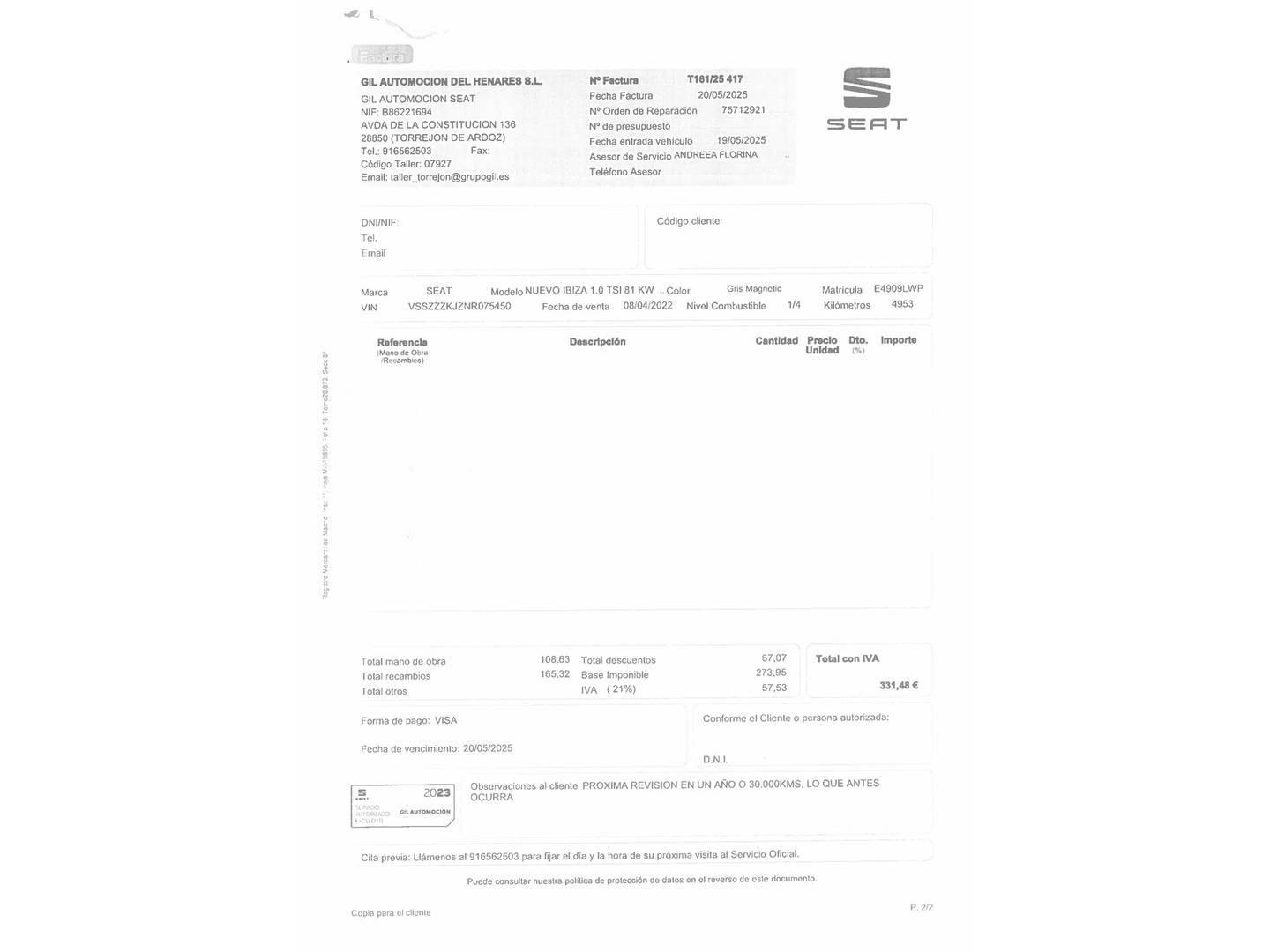 Foto del mantenimiento del Seat Ibiza SEAT Ibiza 1.0 TSI Style Plus (110 CV)