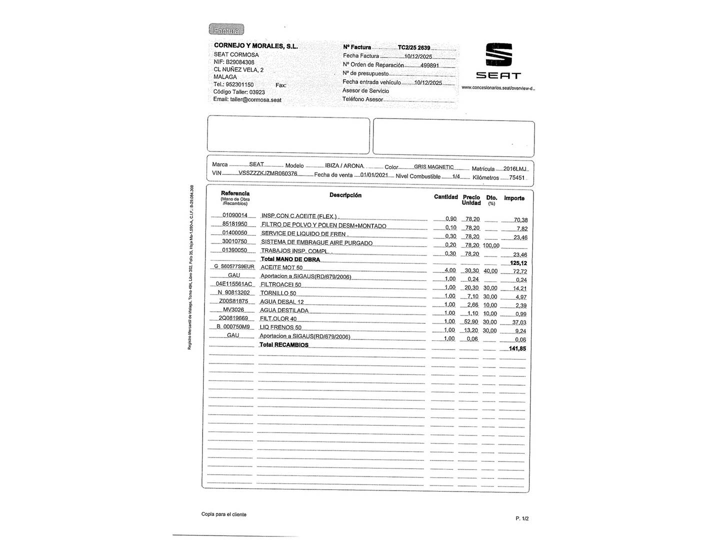 Foto del mantenimiento del Seat Ibiza Seat Ibiza 1.0 TSI FR (110 CV)