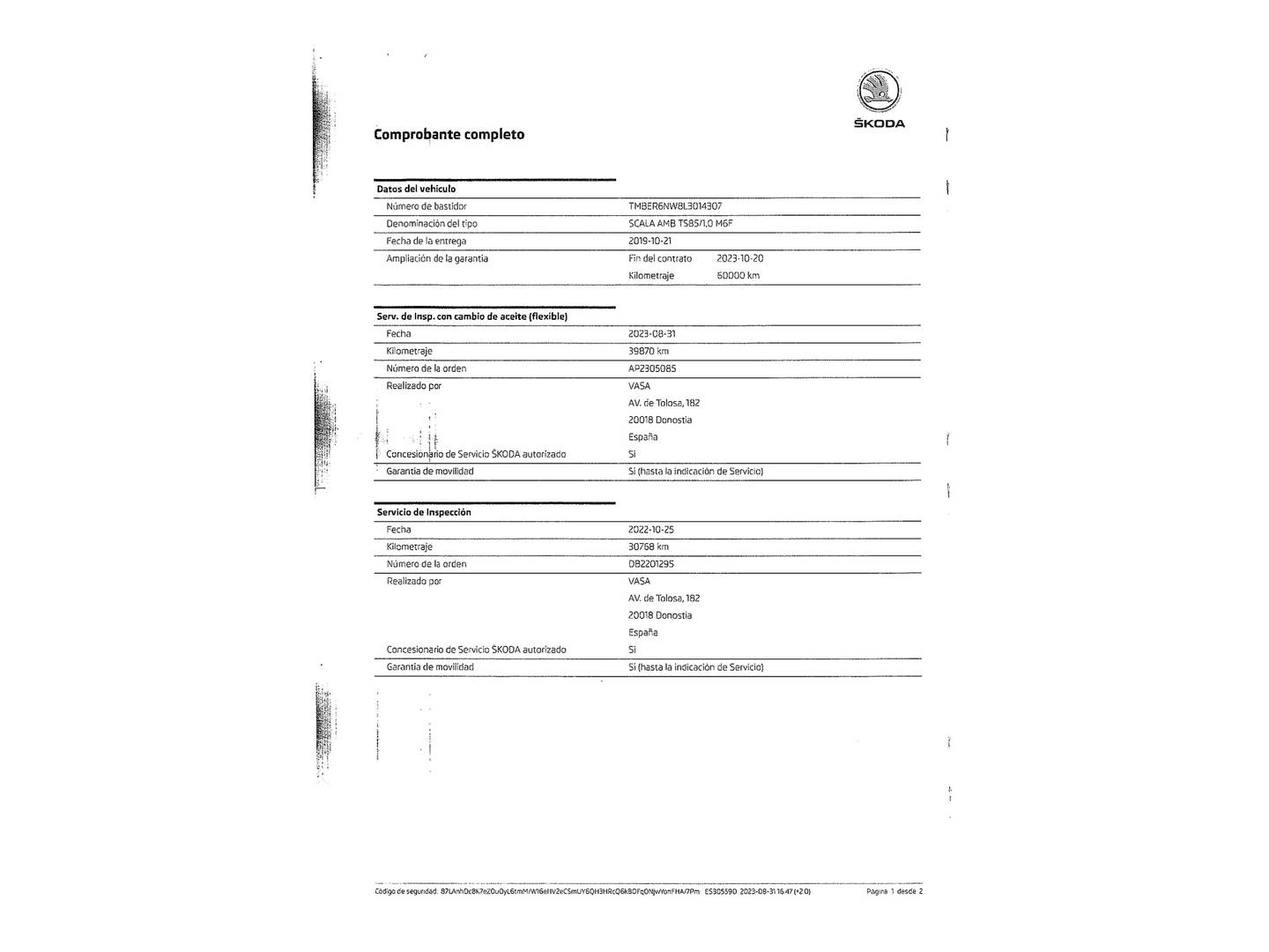 Foto del mantenimiento del Skoda Scala Skoda Scala 1.0 TSI Ambition (115 CV)