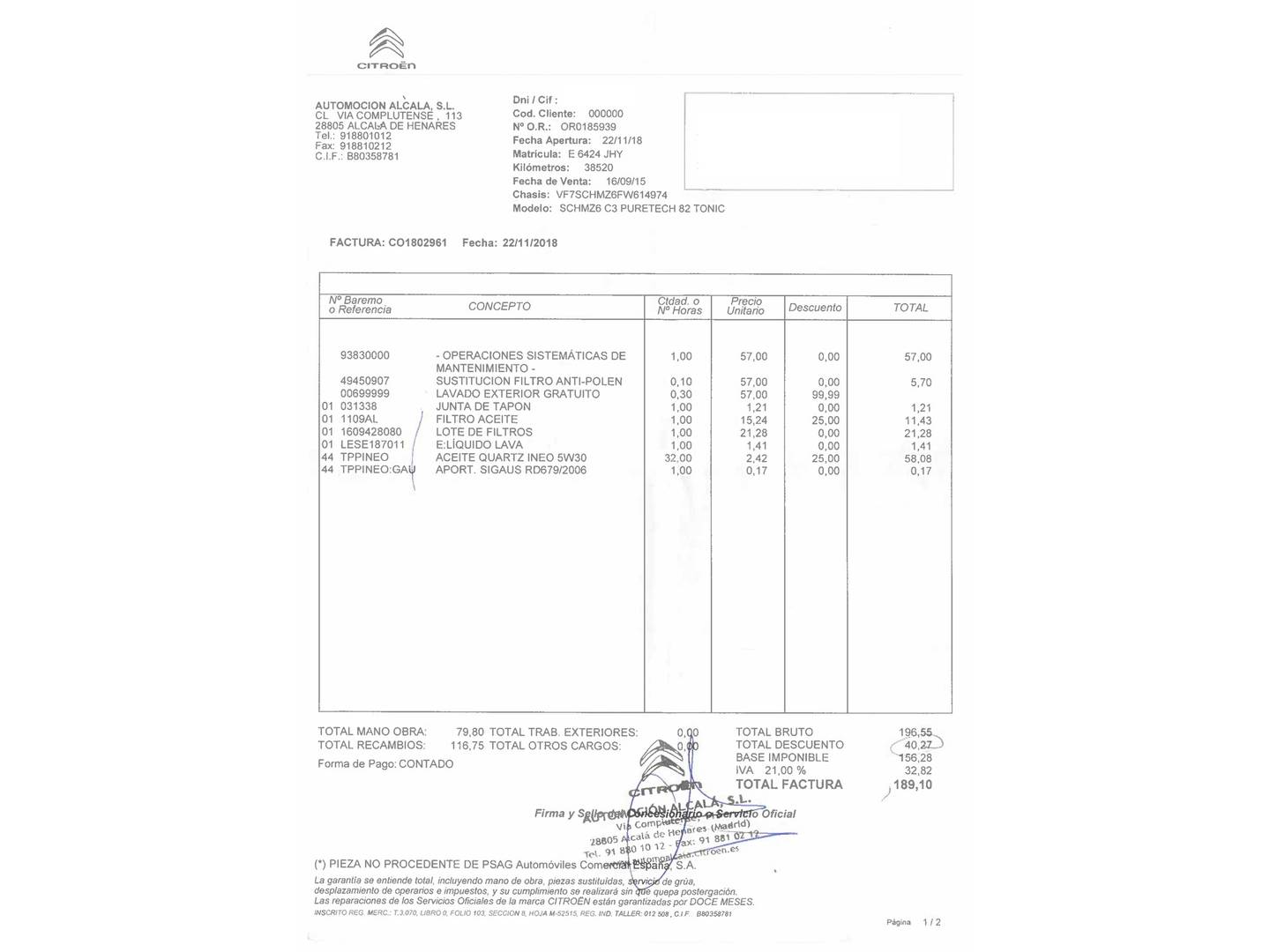 Foto del mantenimiento del Citroën C3 Citroën C3 PureTech 82 Tonic (82 CV)