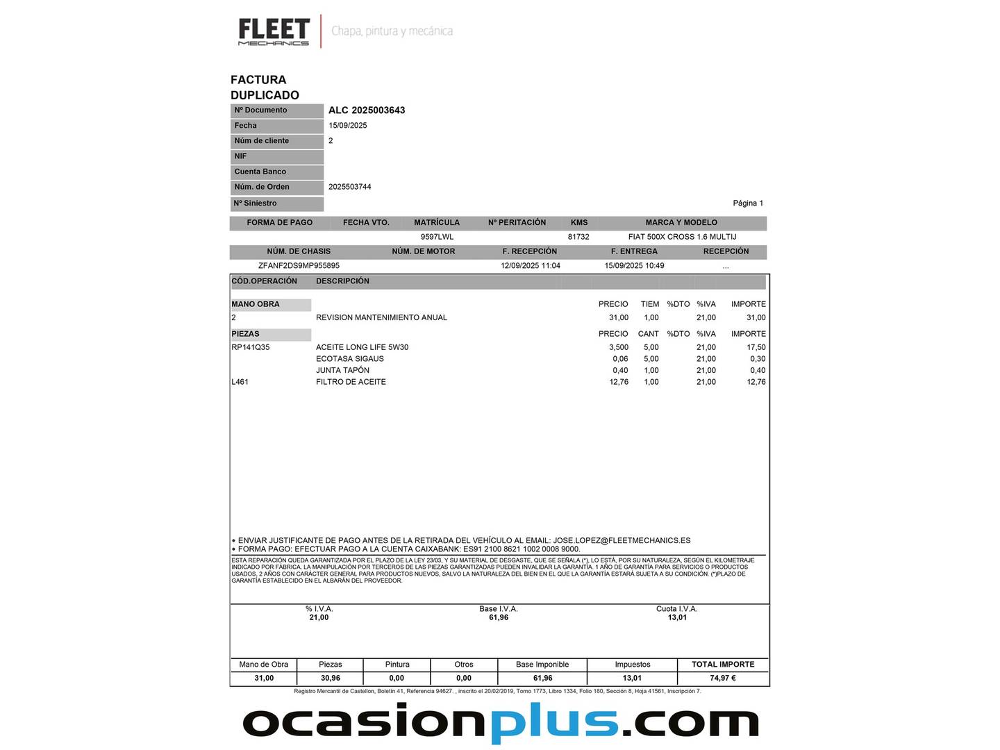 Foto del mantenimiento del Fiat 500X Fiat 500X 1.6 MultiJet Cross 4x2 (130 CV)