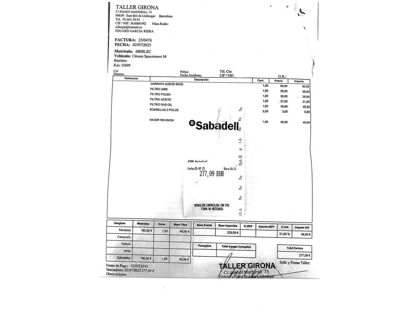 Foto del mantenimiento del Citroën Spacetourer Citroën Spacetourer BlueHDi 140 Talla M Feel (145 CV)