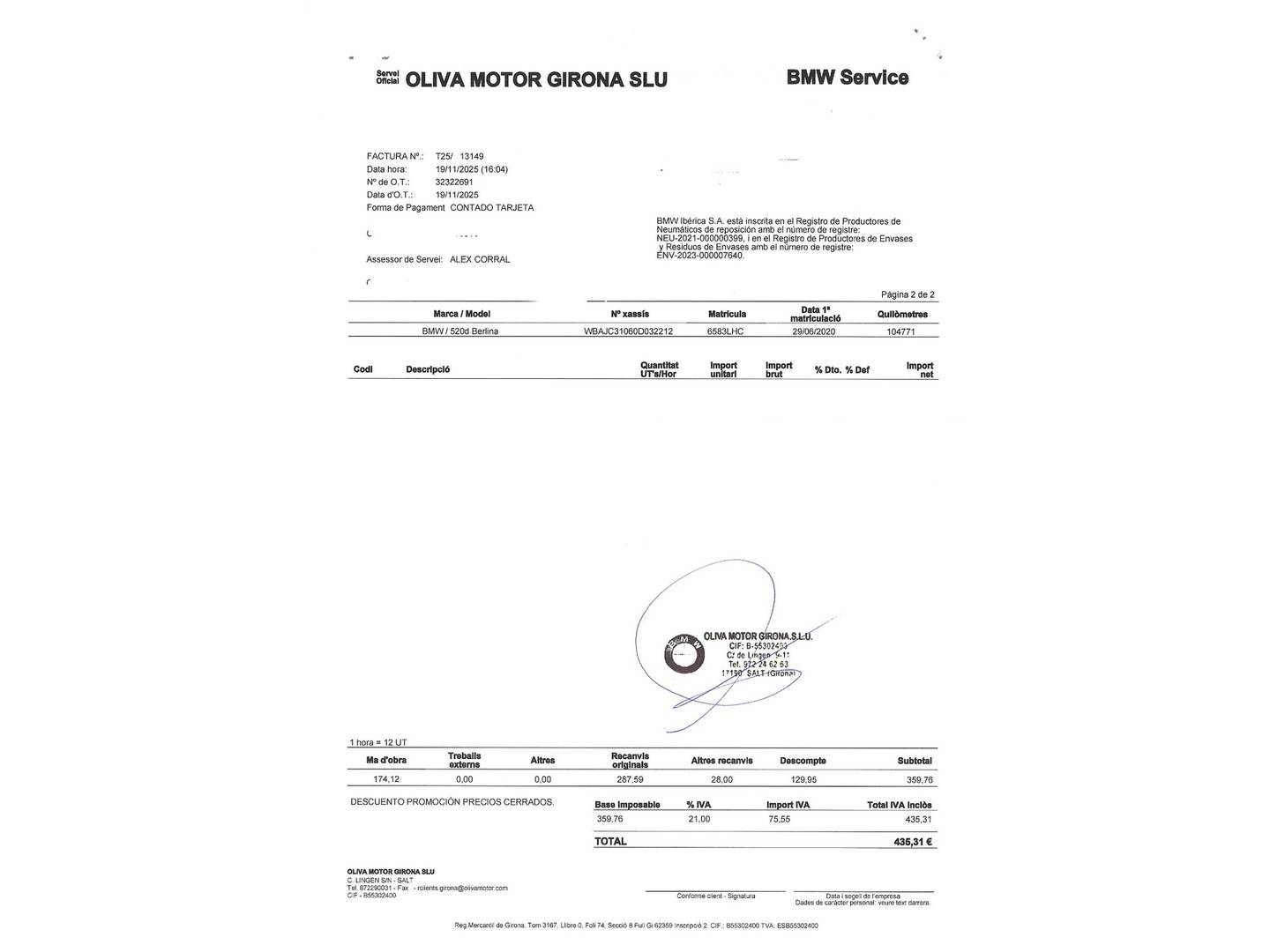 Foto del mantenimiento del BMW Serie 5 BMW Serie 5 520d Business (190 CV)Pack M