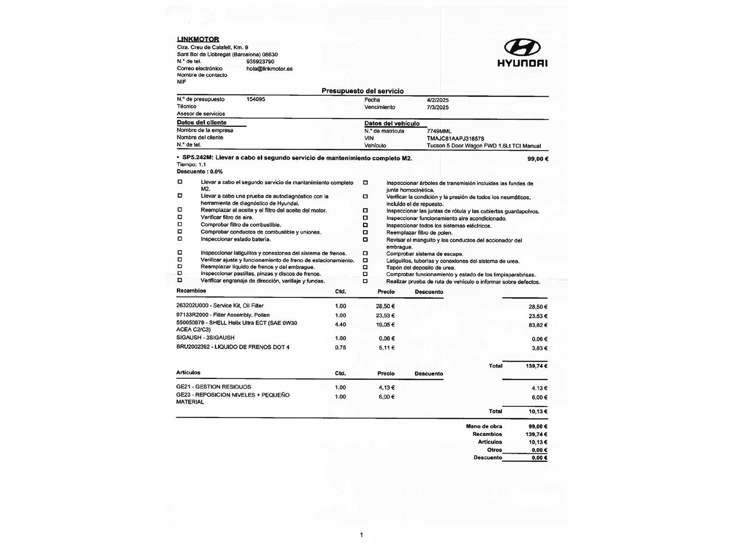 Foto del mantenimiento del Hyundai Tucson Hyundai Tucson 1.6 CRDI Maxx (115 CV)
