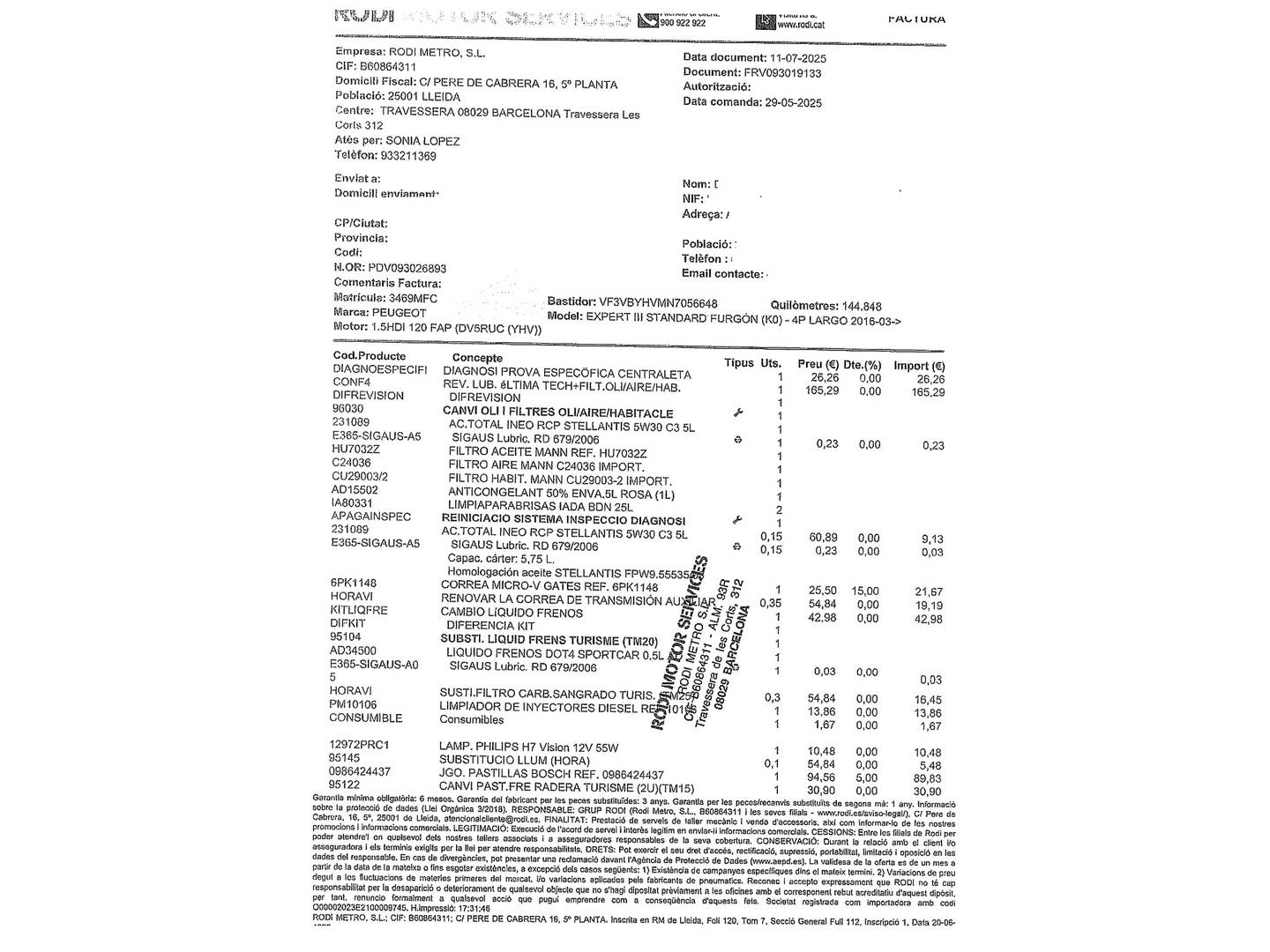 Foto del mantenimiento del Peugeot Expert Peugeot Expert Furgon BlueHDi 120 Premium (120 CV)