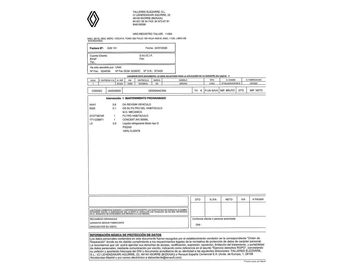 Foto del mantenimiento del Renault Arkana Renault Arkana Techno E-Tech full hybrid (145 CV)