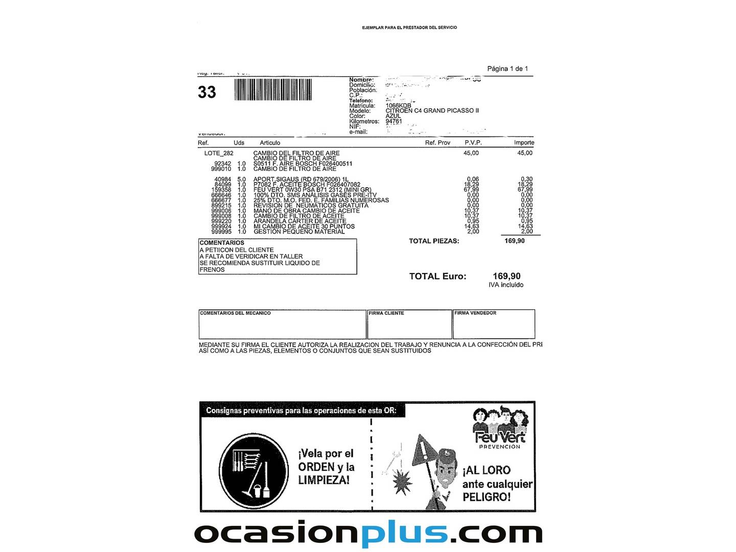 Foto del mantenimiento del Citroën Grand C4 Picasso Citroen Grand C4 Picasso BlueHDi 120 Feel (120 CV) 7 Plazas