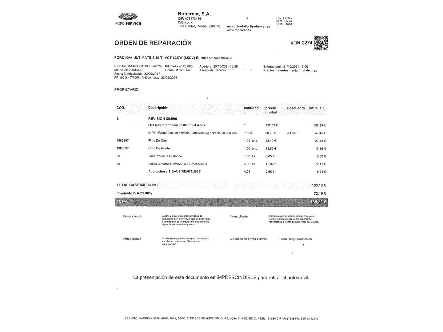 Foto del mantenimiento del Ford Ka+ Ford Ka+ 1.2 Ti-VCT Ultimate (85 CV)