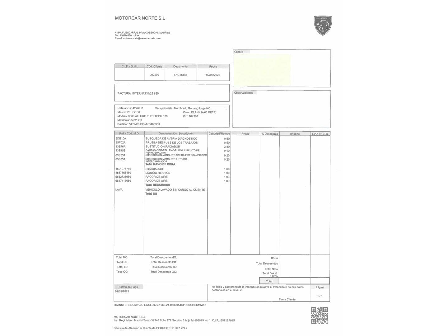 Foto del mantenimiento del Peugeot 3008 Peugeot 3008 PureTech 130 S&S Allure (130 CV)