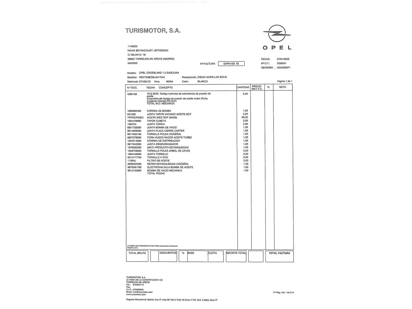 Foto del mantenimiento del Opel Crossland X Opel Crossland X 1.2 S&S Design Line 120 Aniversario (110 CV)