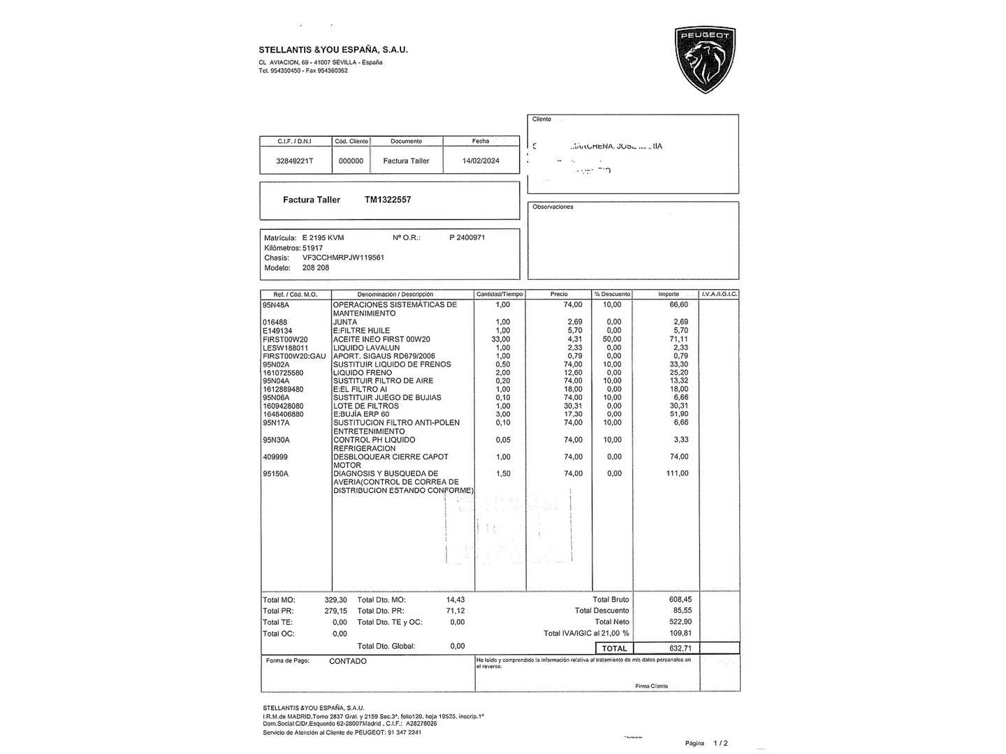Foto del mantenimiento del Peugeot 208 Peugeot 208 PureTech Signature (82 CV)