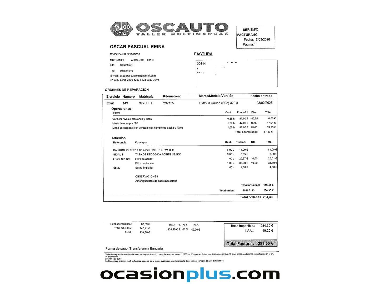 Foto del mantenimiento del BMW Serie 3 BMW Serie 3 320d Coupe (184 CV)