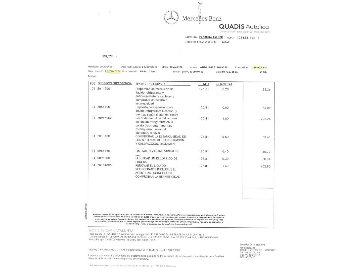 Foto del mantenimiento del Mercedes Clase E Mercedes Clase E E 220 CDI Blue Efficiency Avantgarde (170 CV) Pack AMG