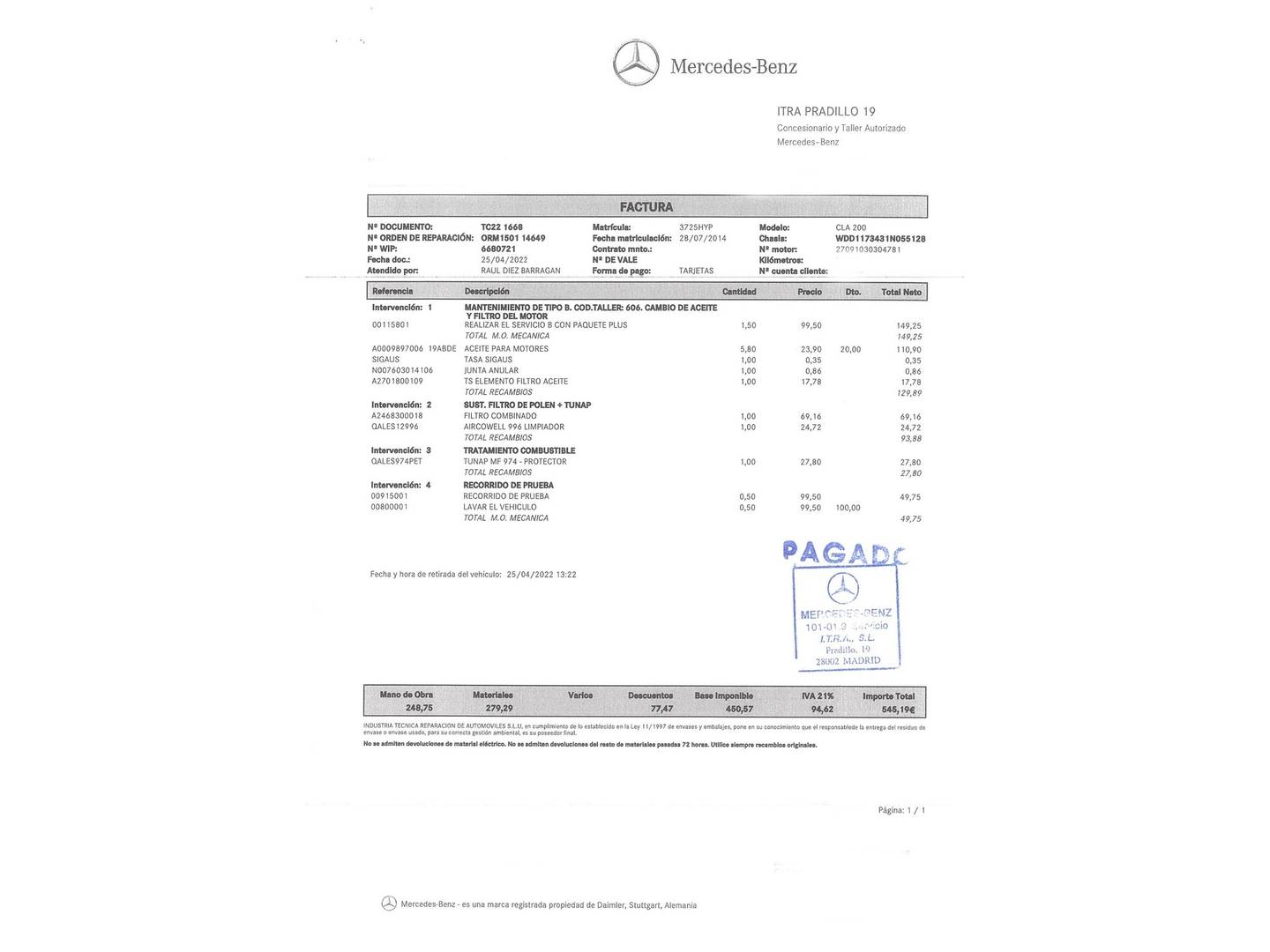 Foto del mantenimiento del Mercedes CLA Mercedes CLA CLA 200 (156 CV)