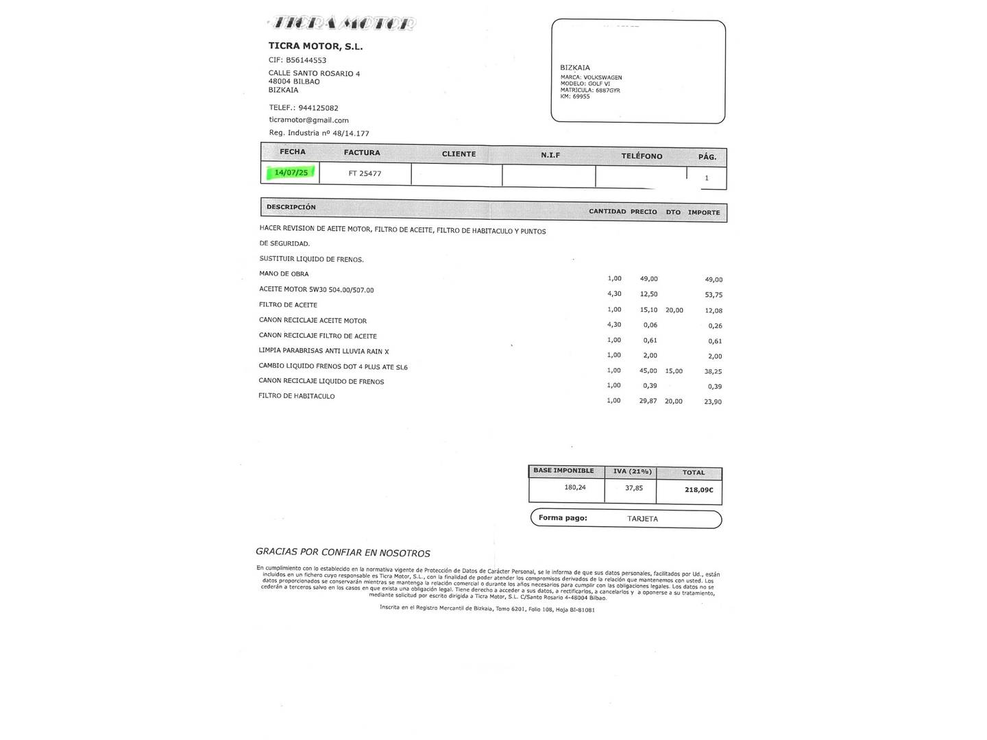 Foto del mantenimiento del Volkswagen Golf Volkswagen Golf Advance 1.6 TDI DPF (105 CV)