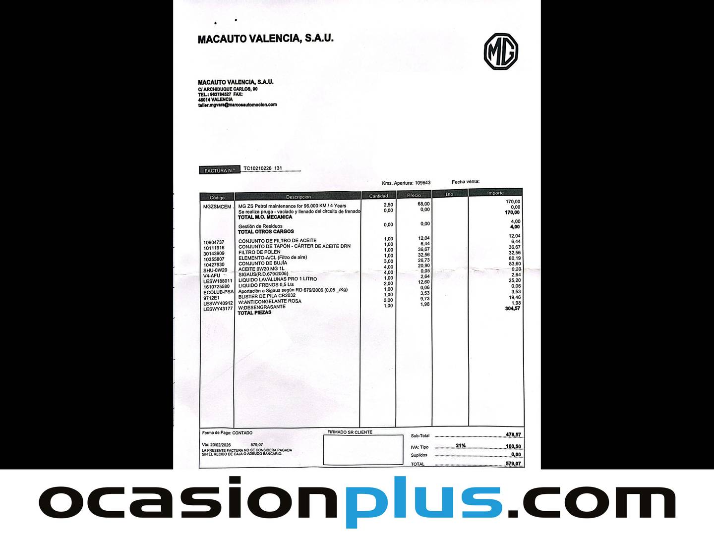 Foto del mantenimiento del MG ZS MG ZS 1.0T Luxury  (111 CV)