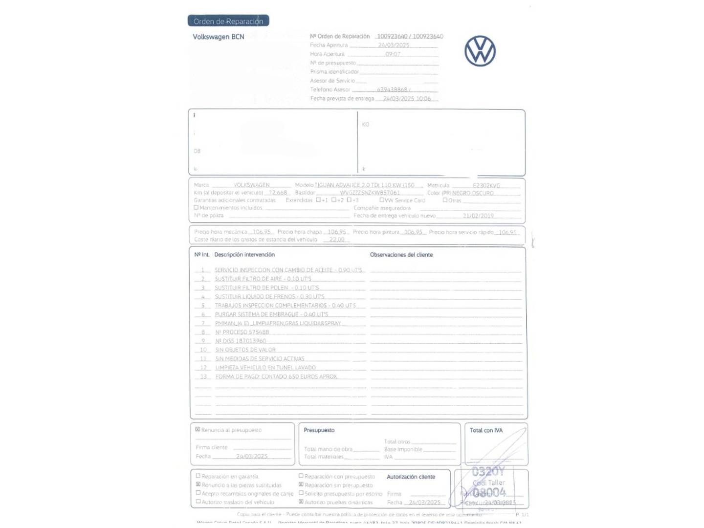 Foto del mantenimiento del Volkswagen Tiguan Volkswagen Tiguan Advance 2.0 TDI (150 CV) Pack R-line