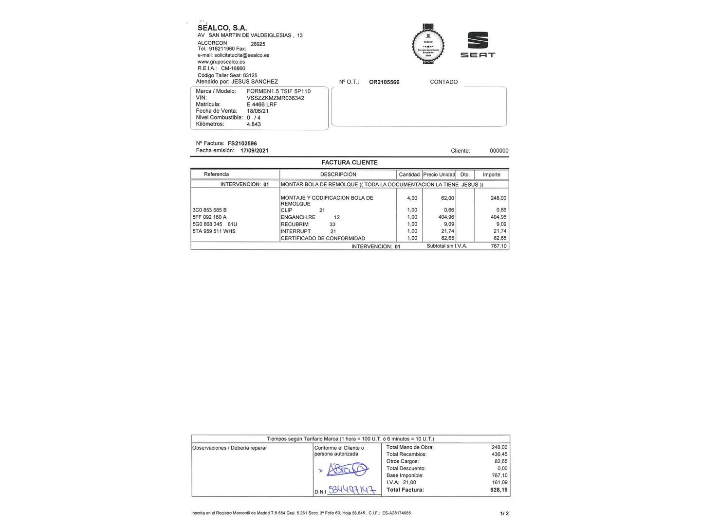 Foto del mantenimiento del Cupra Formentor Cupra Formentor 1.5 TSI DSG (150 CV)