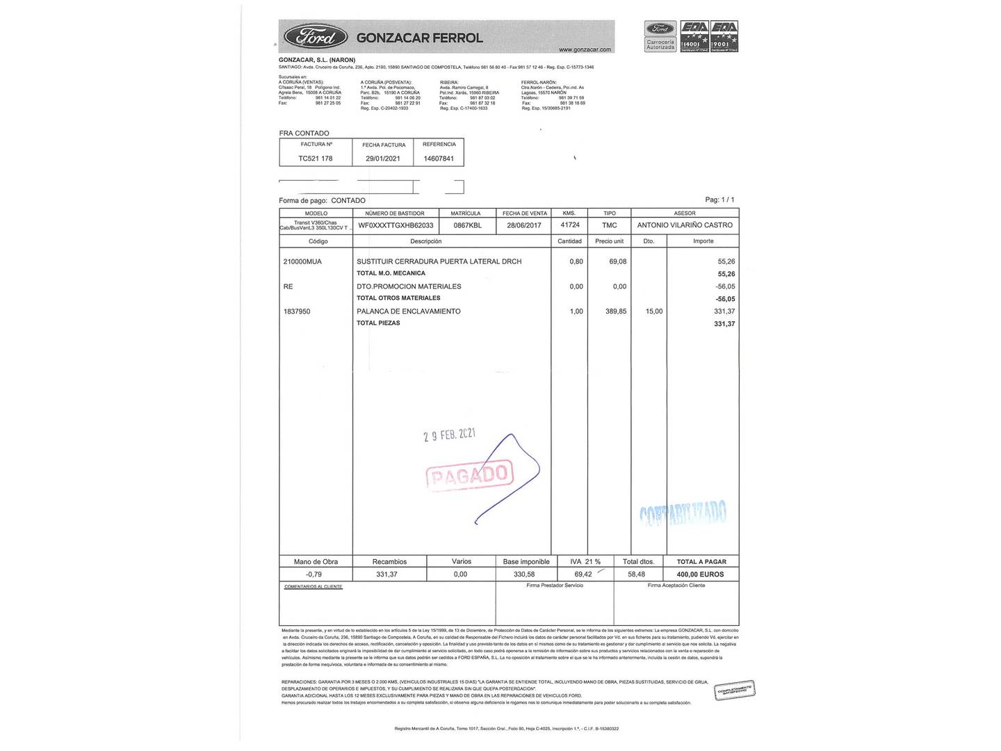 Foto del mantenimiento del Ford Transit Ford Transit Furgon 350 L3H2 Trend Delantera (130 CV)