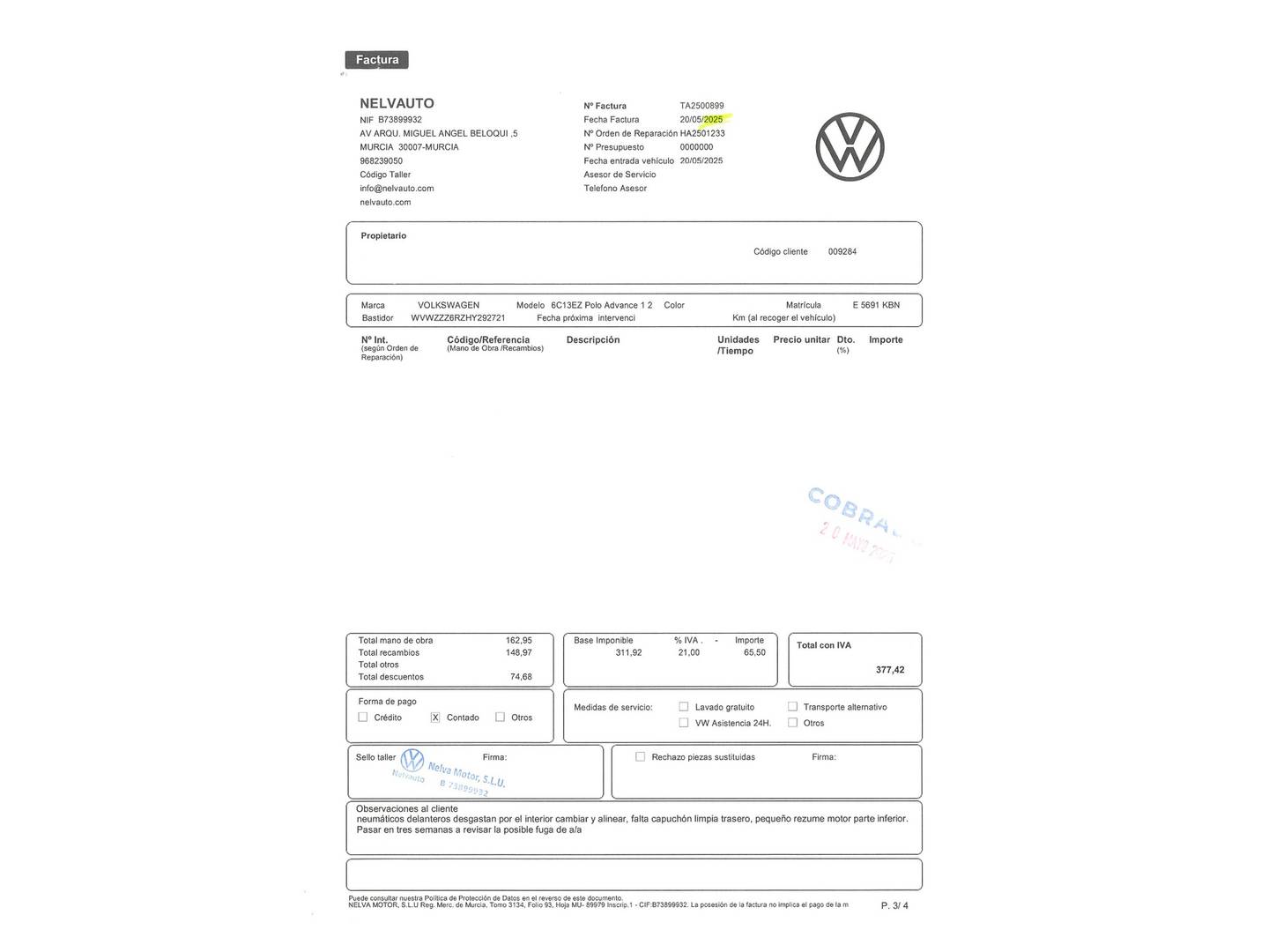 Foto del mantenimiento del Volkswagen Polo Volkswagen Polo Advance 1.2 TSI BMT (90 CV) DSG