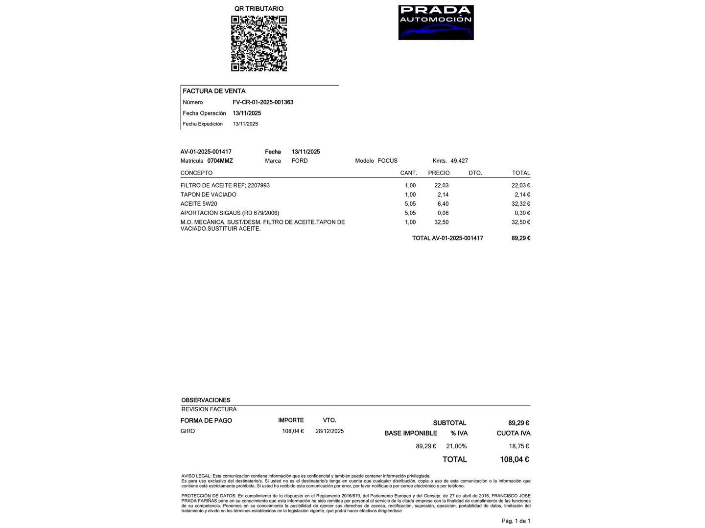 Foto del mantenimiento del Ford Focus Ford Focus 1.0 Ecoboost MHEV Active Auto (155 CV)