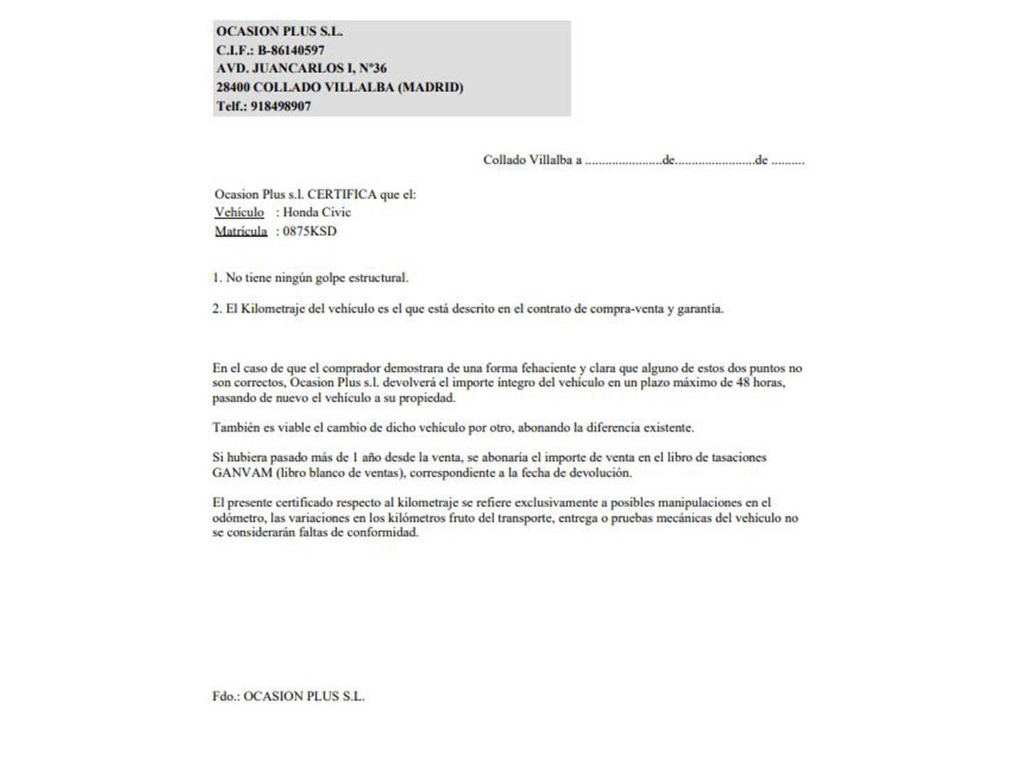 Foto del certificado del Honda Civic Honda Civic 1.0 I-VTEC TURBO Elegance (129 CV)