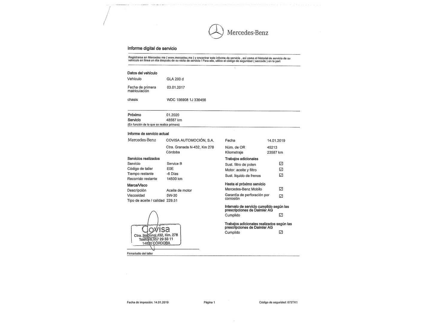 Foto del mantenimiento del Mercedes GLA Mercedes GLA 200 d Urban (136 CV)