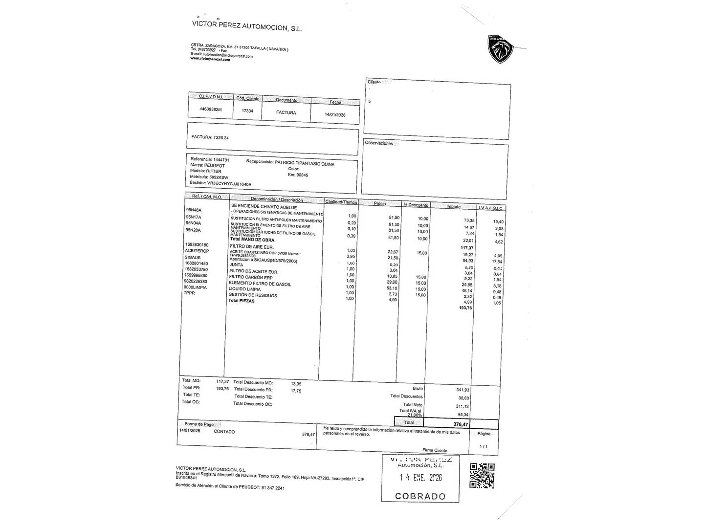 Foto del mantenimiento del Peugeot Rifter Peugeot Rifter BlueHDi 100 GT Line Standard (100 CV)