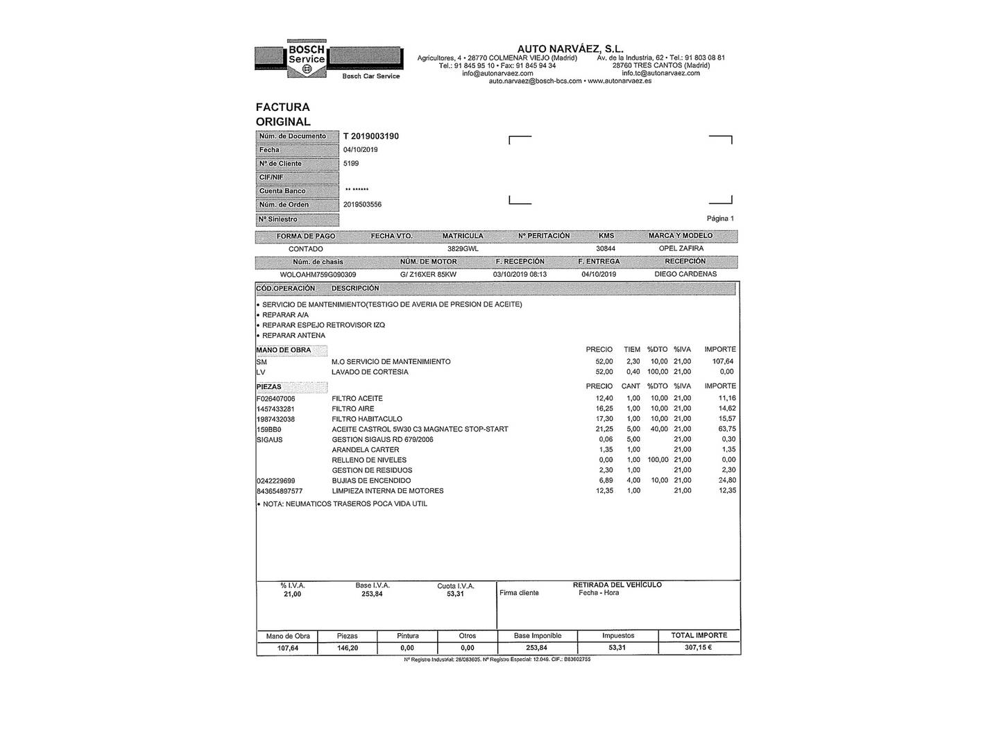 Foto del mantenimiento del Opel Zafira Opel Zafira 1.6 16v Essentia (115 CV) 7 Plazas