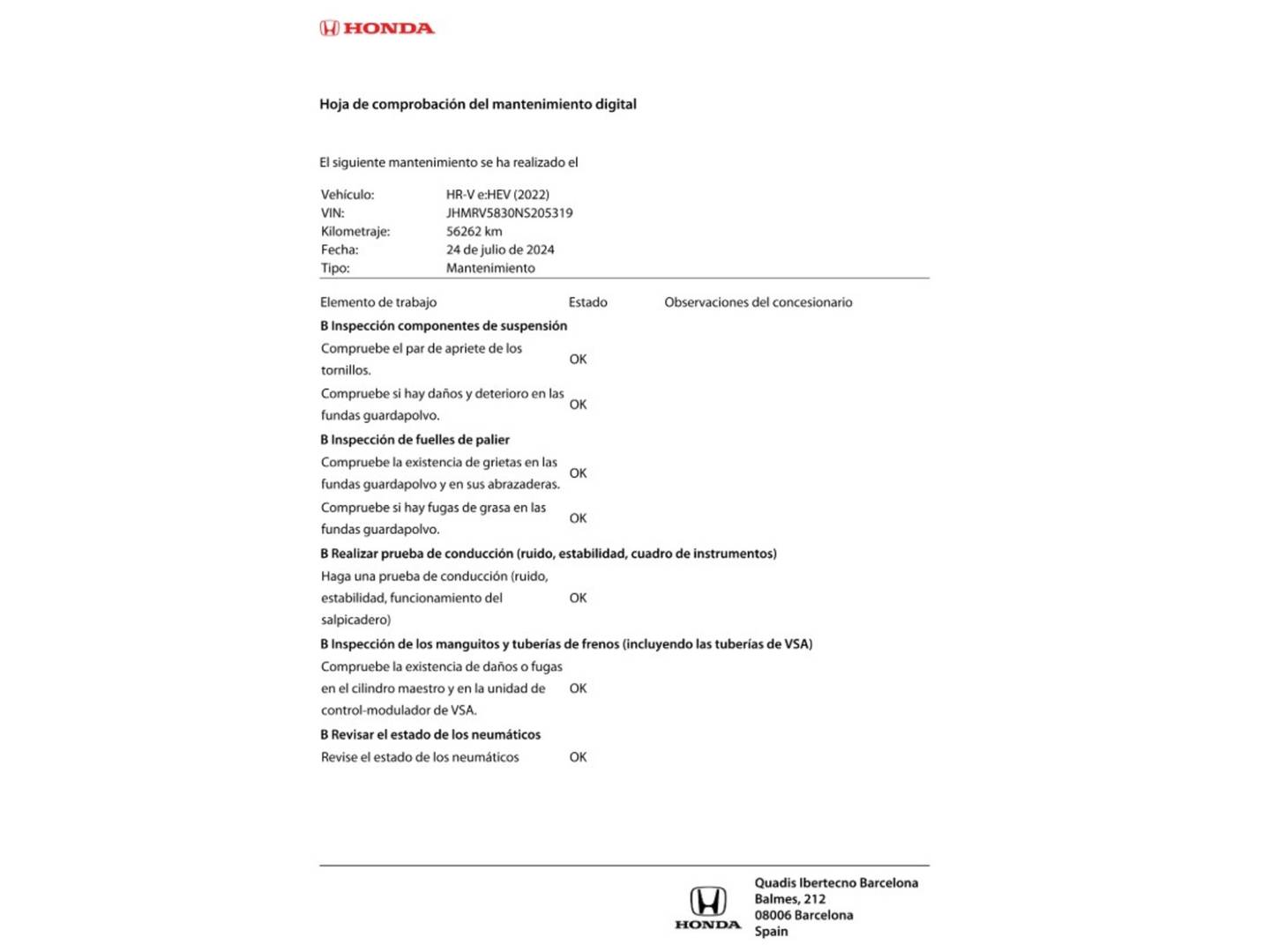 Foto del mantenimiento del Honda HR-V Honda HR-V 1.5 i-MMD Advance 4x2 Auto (131 CV)