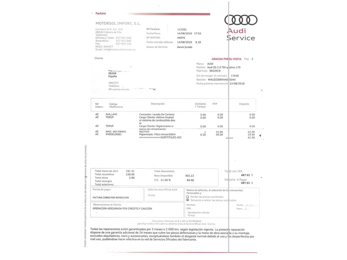 Foto del mantenimiento del Audi Q5 Audi Q5 Advanced edition 2.0 TDI clean diesel quattro (190 CV) S tronic