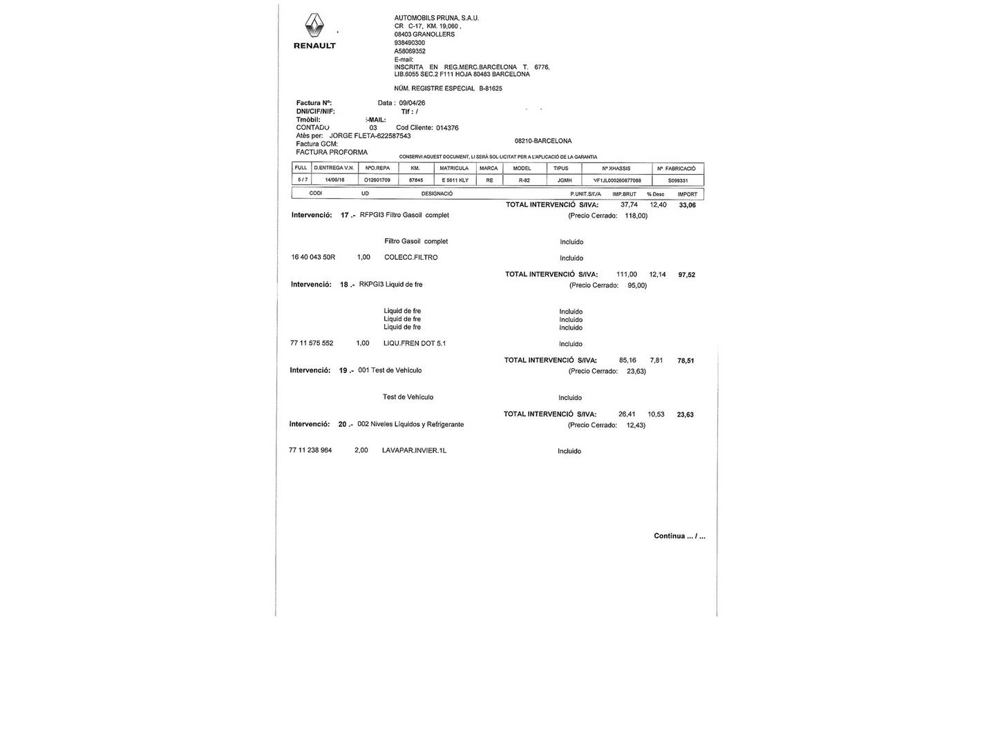 Foto del mantenimiento del Renault Trafic Renault Trafic dCi 125 Combi Energy 9 Plazas (125 CV)