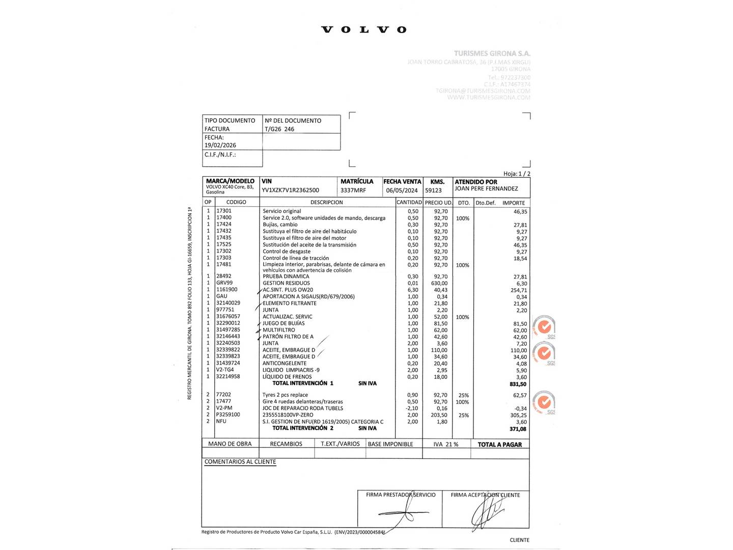 Foto del mantenimiento del Volvo XC40 Volvo XC40 B3 Gasolina Mild hybrid Core Auto (163 CV)