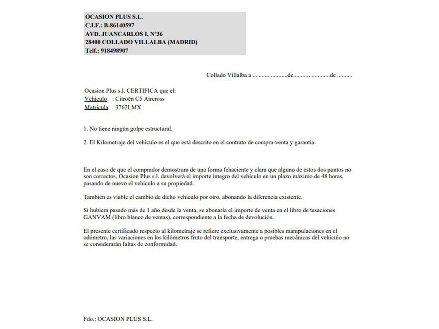 Foto del certificado del Citroën C5 Aircross Citroën C5 Aircross PureTech 130 S&S Shine EAT8 (131 CV)