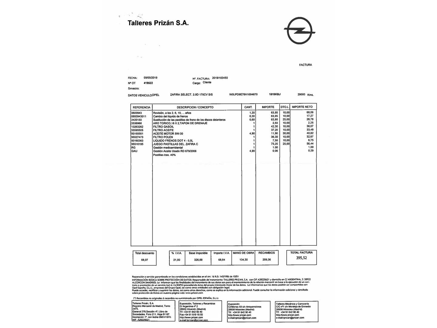 Foto del mantenimiento del Opel Zafira Tourer Opel Zafira Tourer 2.0 CDTi S/S Excellence (170 CV) 7 Plazas