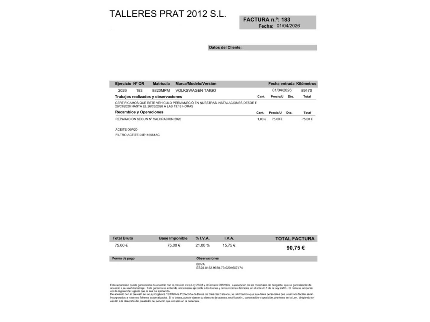 Foto del mantenimiento del Volkswagen Taigo Volkswagen Taigo Life 1.0 TSI (95 CV)