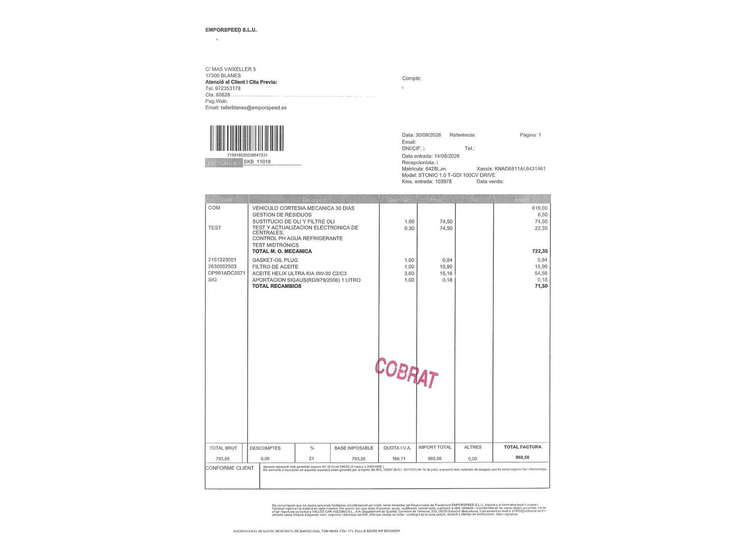 Foto del mantenimiento del KIA Stonic KIA Stonic 1.0 T-GDi Drive (100 CV)