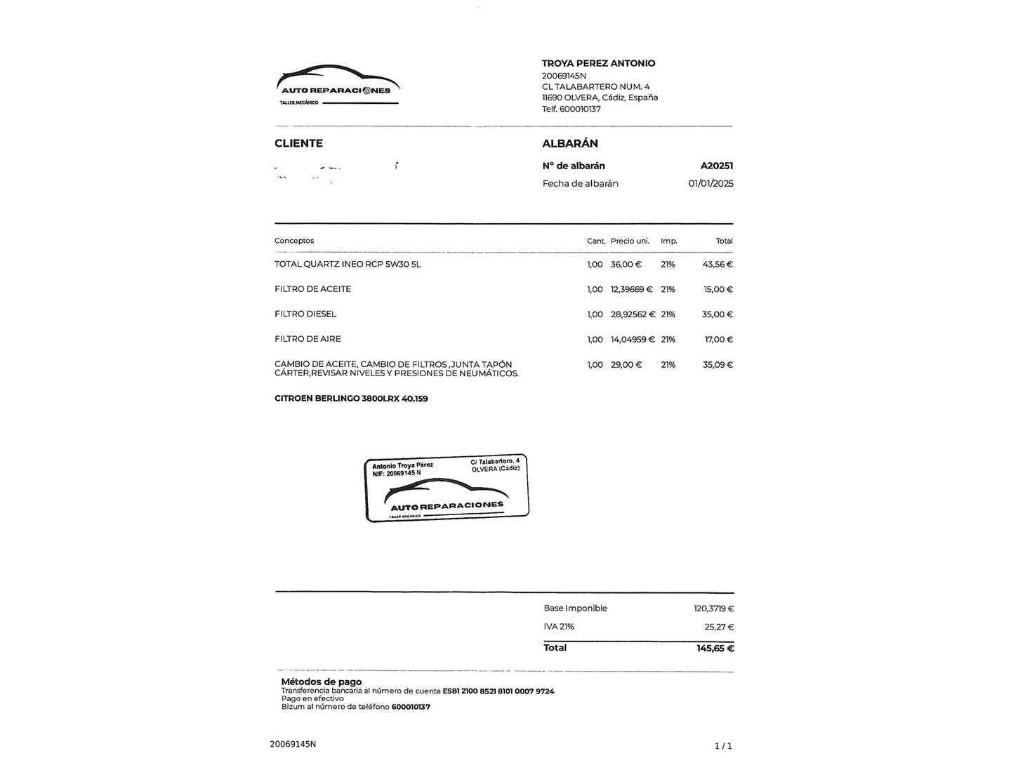 Foto del mantenimiento del Citroën Berlingo Citroen Berlingo Combi BlueHDi 100 S&S Talla M Feel Pack  (102 CV)